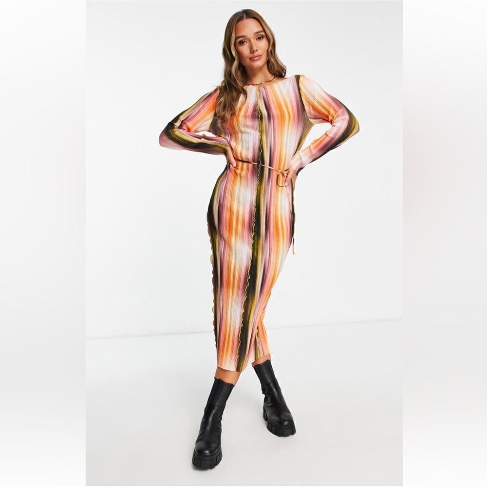 TOPSHOP Stripe Plissé Long Sleeve Dress NWT